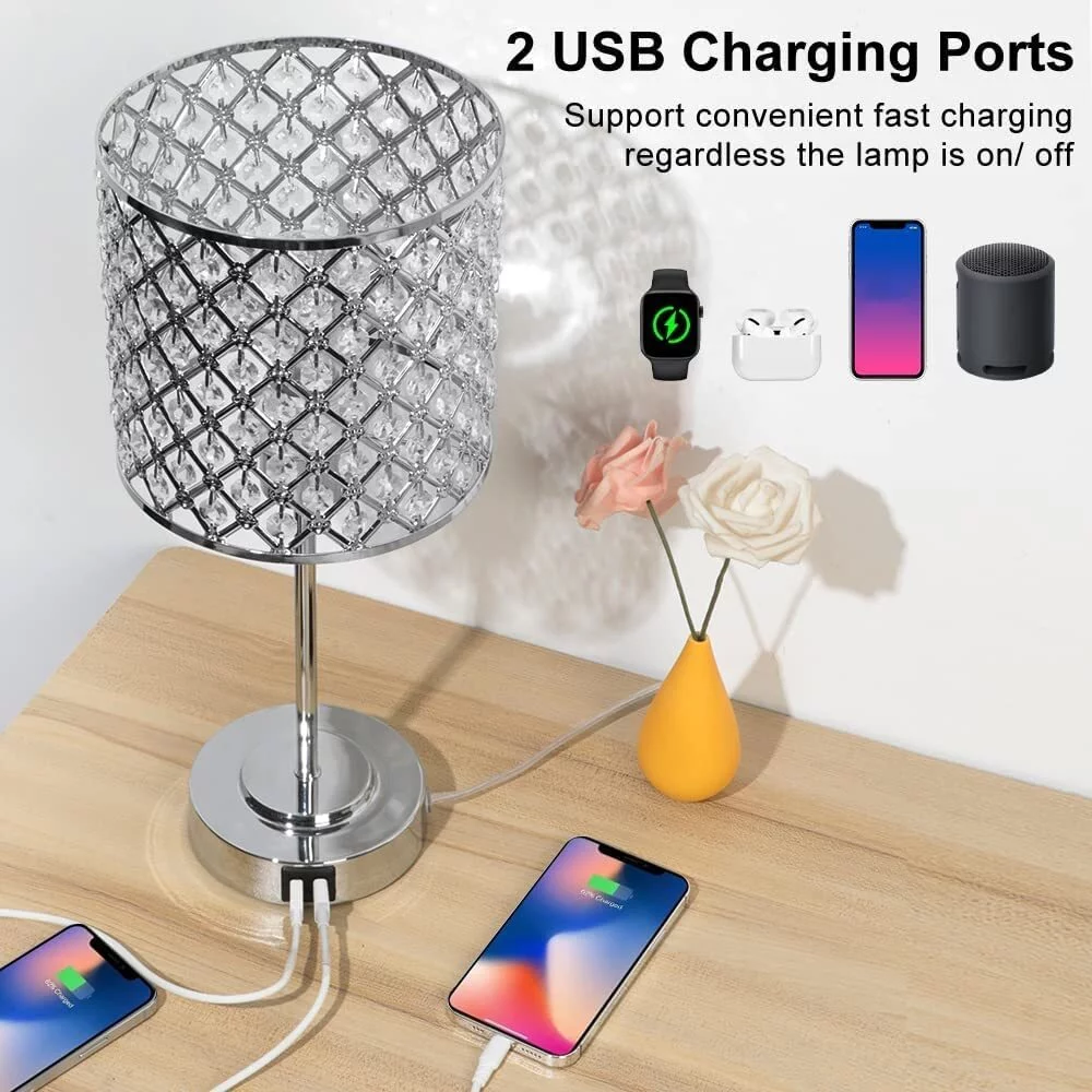 NATYSWAN Crystal Table Bedside Lamp Touch Control,3-Way Dimmable Small Nightstand Lamp Set of 2 with 2 USB Charging Ports, Decorative Silver Tabletop Lamp for Bedroom