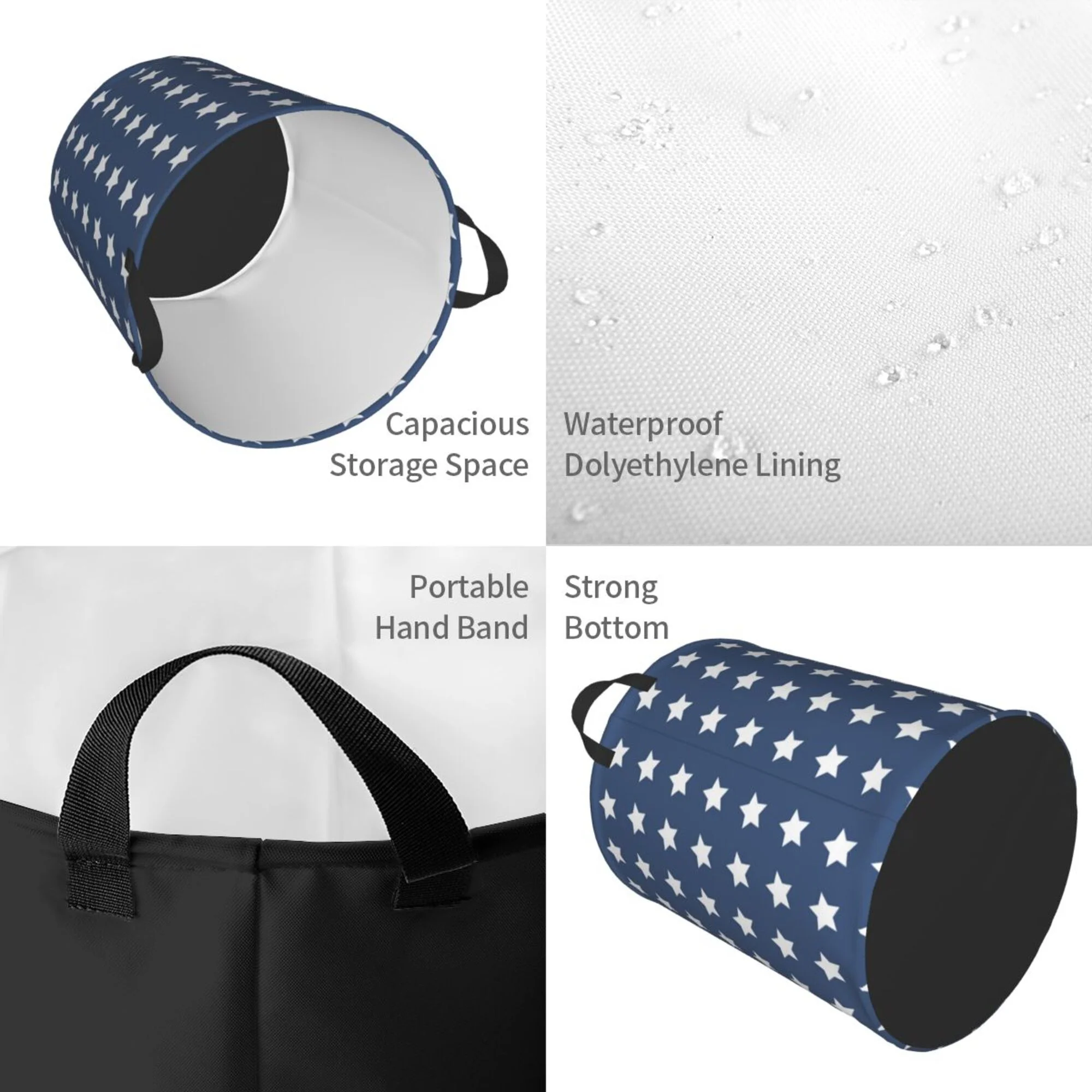 DouZhe Waterproof Collapsible Large Laundry Baskets, Patriotic American Flag Stars Blue White Prints Circular Hamper with Handles