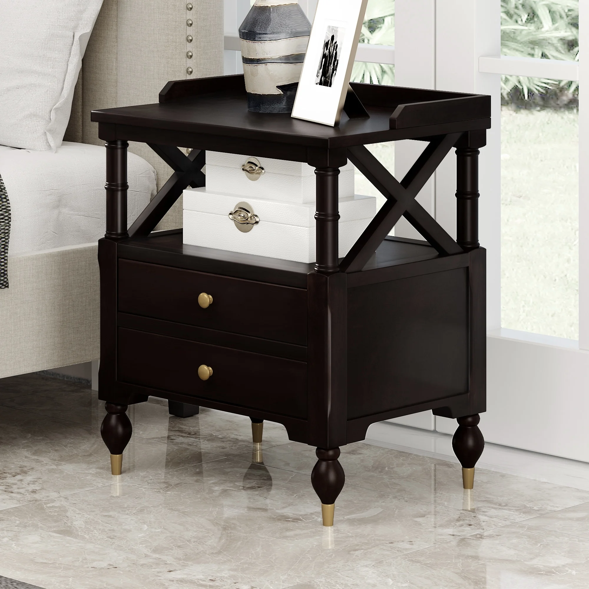 Siavonce Modern 2 Drawer Nightstand End Table Cherry