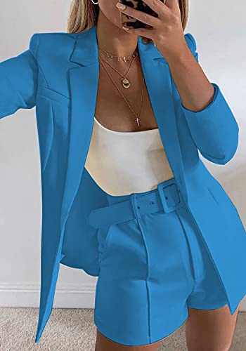Tcremisa Blazer Shorts Set for Women 2 Piece Long Sleeve Open Front Blazer Short Suits Business Outfits with Belt