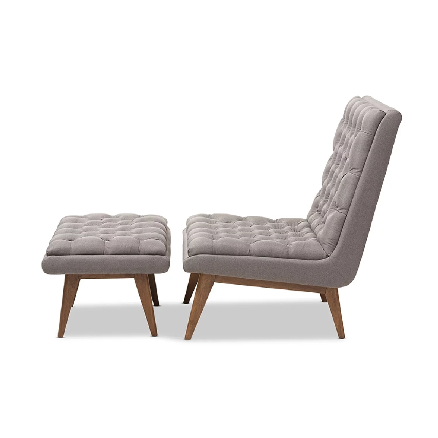 Annetha Mid-Century Modern Grey Fabric Upholstered Walnut Finished Wood Chair And Ottoman Set