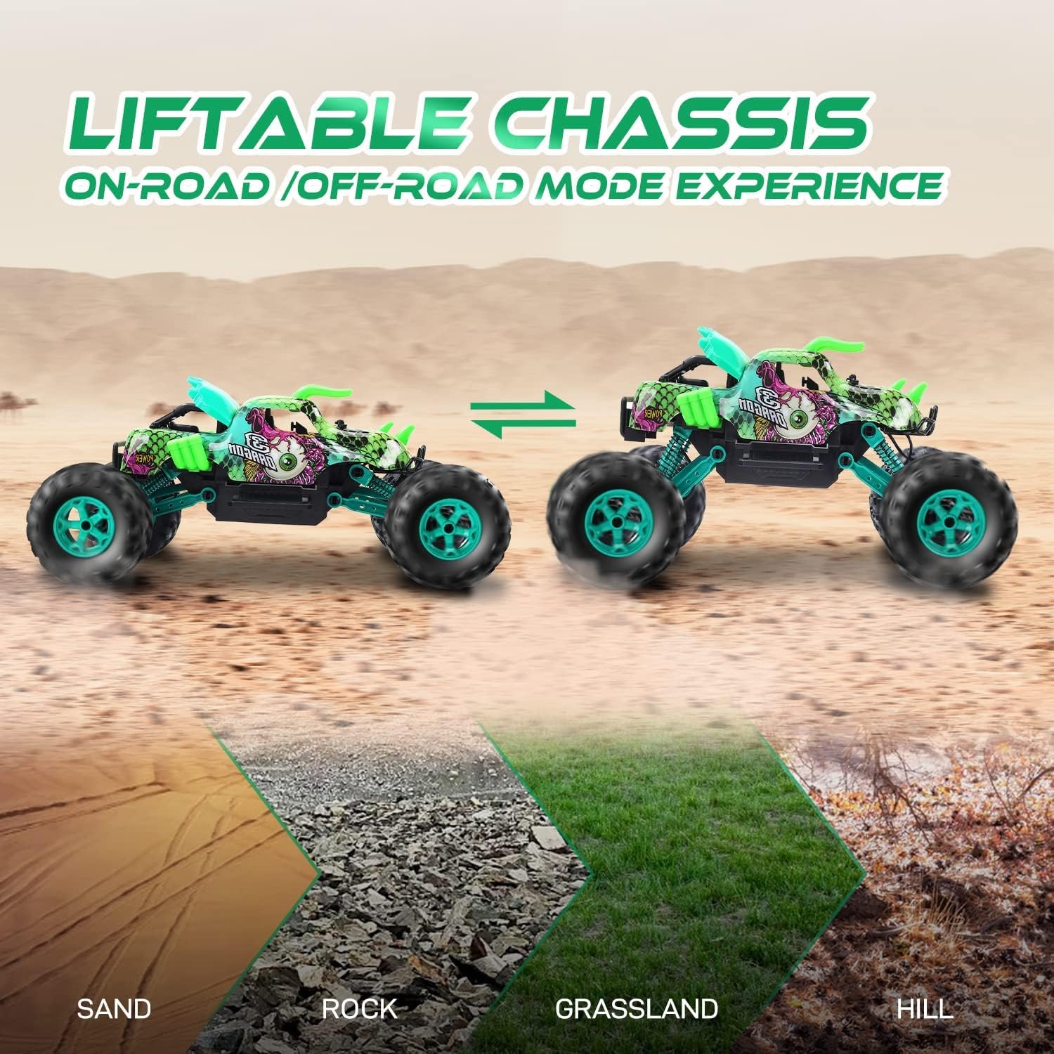 Remote Control Cars, Holyton 1:12 Large Scale Dinosaur Monster RC Trucks, 4WD Liftable Chassis Off Road Rock Crawler for Kids, 2 Batteries for 60+ Minutes Play, RC Car Toys Gift for Boy & Girls