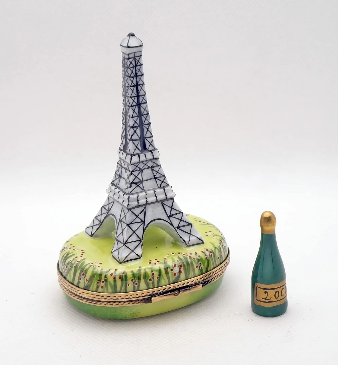 French Porcelain Hand Painted  Box Gorgeous Eiffel Tower Famous s Monument With Champagne Bottle