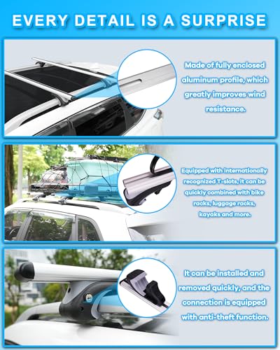 Car Roof Rack Cross Bars 55” Thick Aluminum Crossbars Universal Roof Rack Adjustable Roof Cross Bars with 200 lbs Load Capacity Fits Most Vehicles with Existing Raised Side Rails with Gap