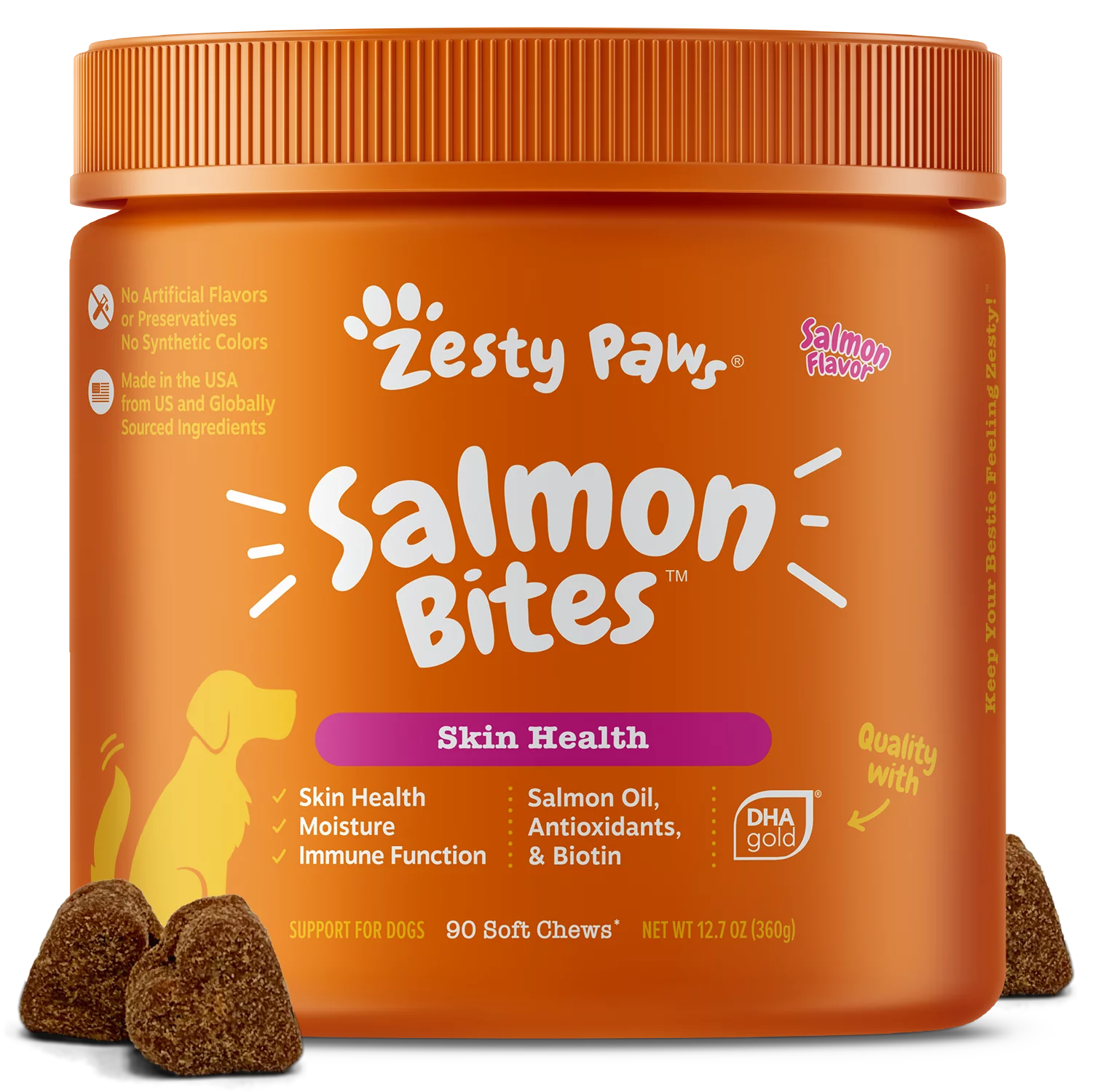 Zesty Paws Skin Health Omega Salmon Bites for Dogs, Salmon Flavor, 90 Count Soft Chews