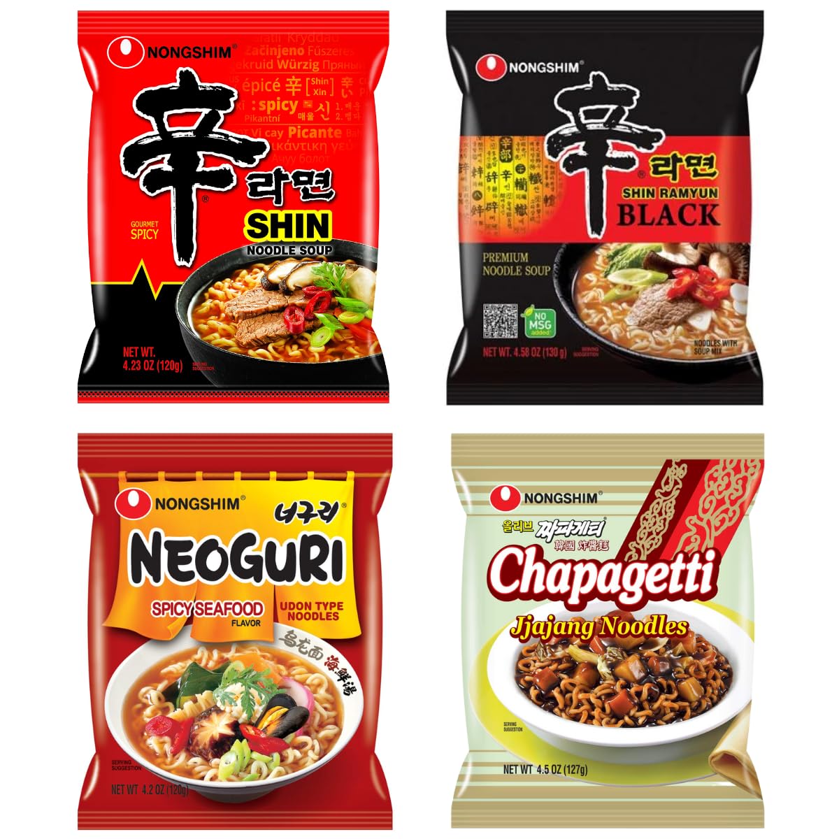 Nongshim Variety Pack Ramen, Shin Ramen, Shin Black Ramen, Neoguri, Chapagetti Noodle 4.5 Ounce (Pack of 4) - Korean Ramen Gift Set KFoods BTS Challenge