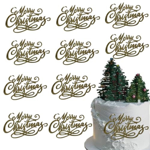 10Pcs Gold Acrylic Mirror Merry Christmas Cake Toppers Engraved Cake Decorations for Xmas Party Dessert DIY Decor Supplies