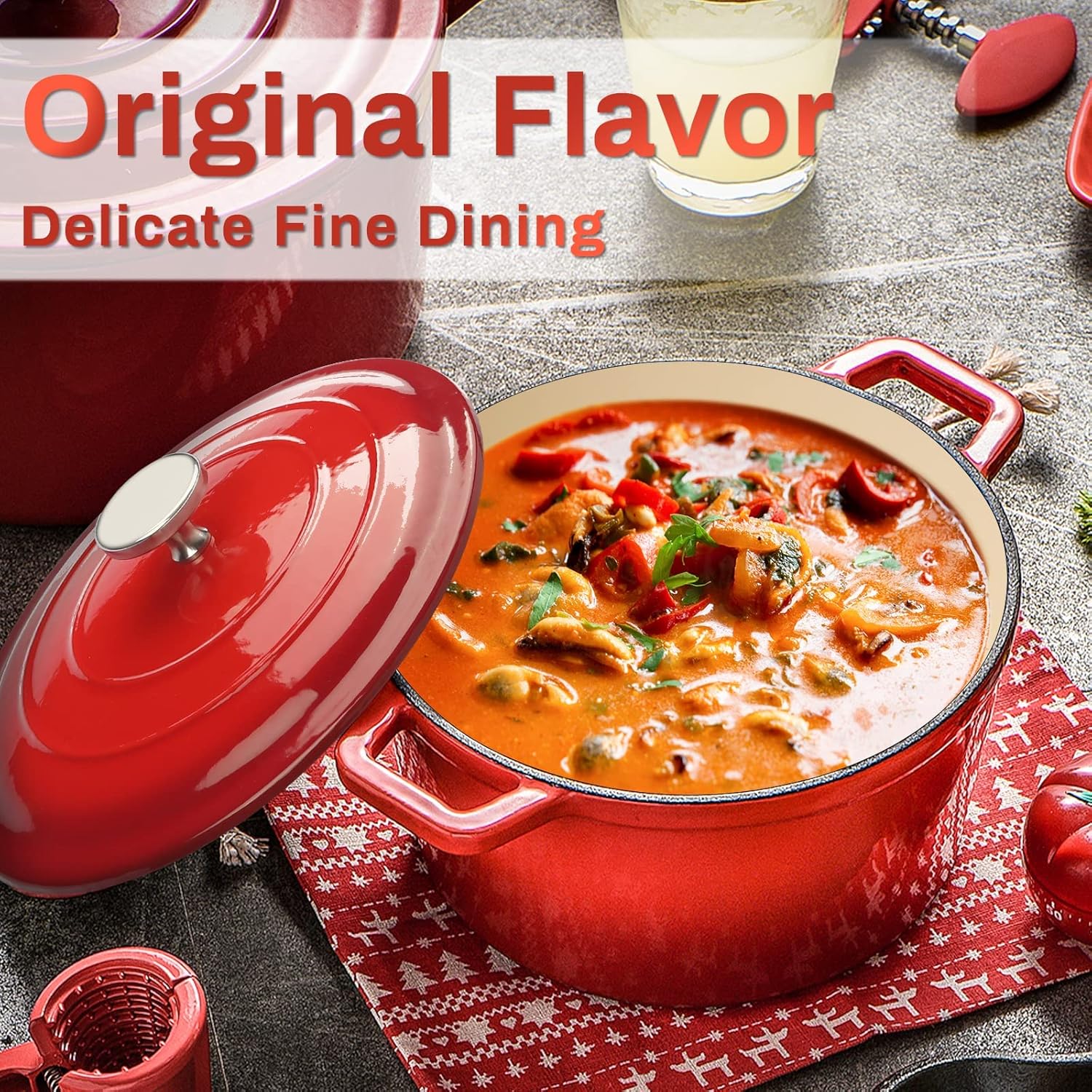 4.5 Quart Enamel Cast Iron Dutch Oven with Loop Handles, Covered Dutch Oven, Enamel Stockpot with Lid, Red