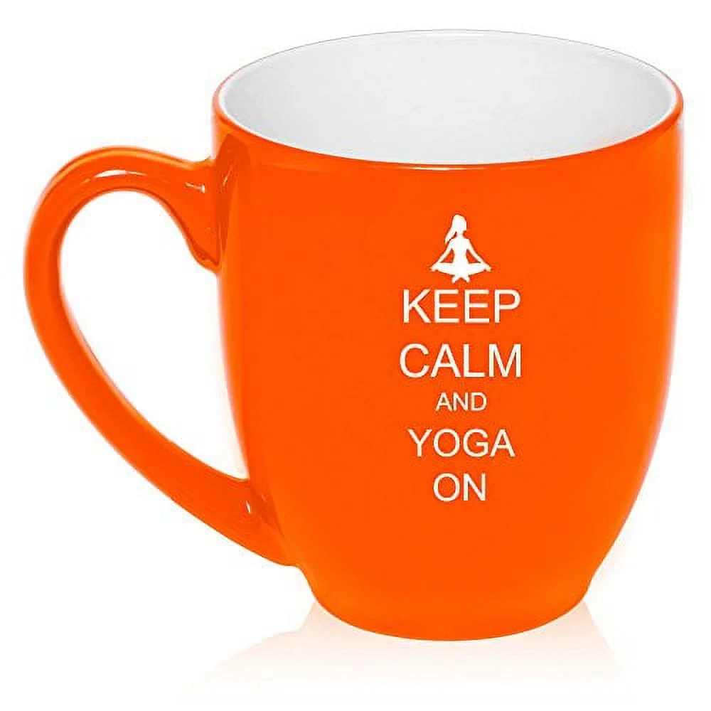 16 oz Large Bistro Mug Ceramic Coffee Tea Glass Cup Keep Calm And Yoga On (Orange)