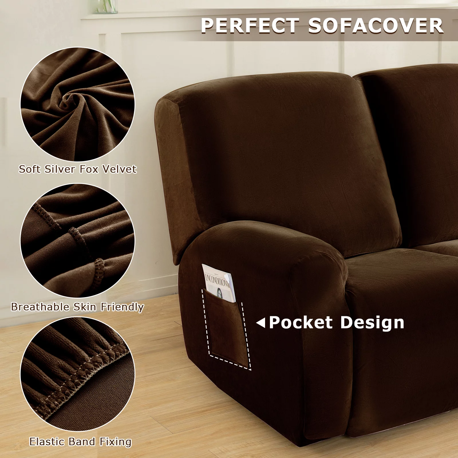 TOPCHANCES 3 Seats Recliner Sofa Slipcover, 8 Pieces Recliner Cover with Side Pocket, Non-Slip 3 Cushion Couch Cover Furniture Protector, Coffee