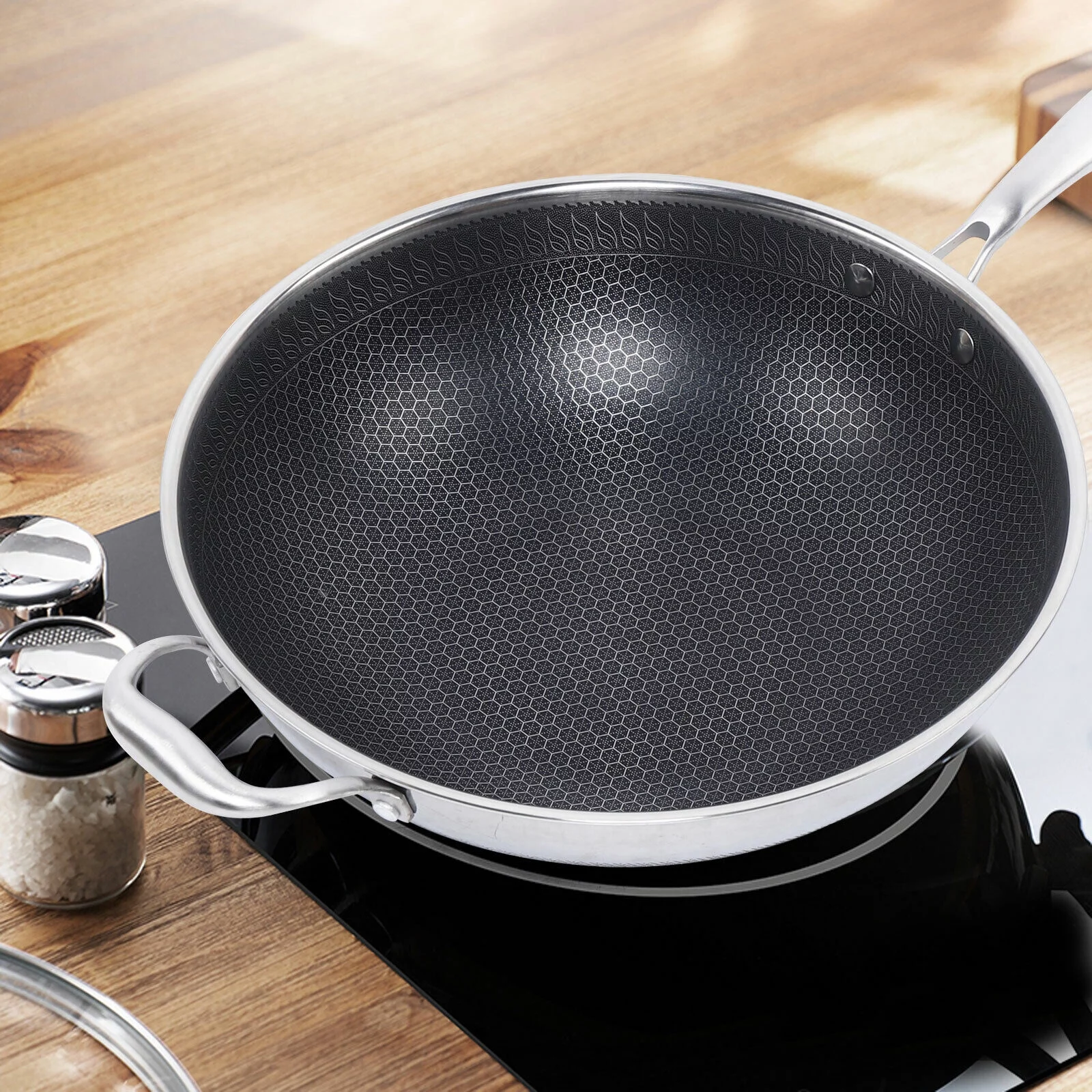 Non Stick Double Sided Honeycomb Cooking Frying Wok Pan with Lid Stainless Steel