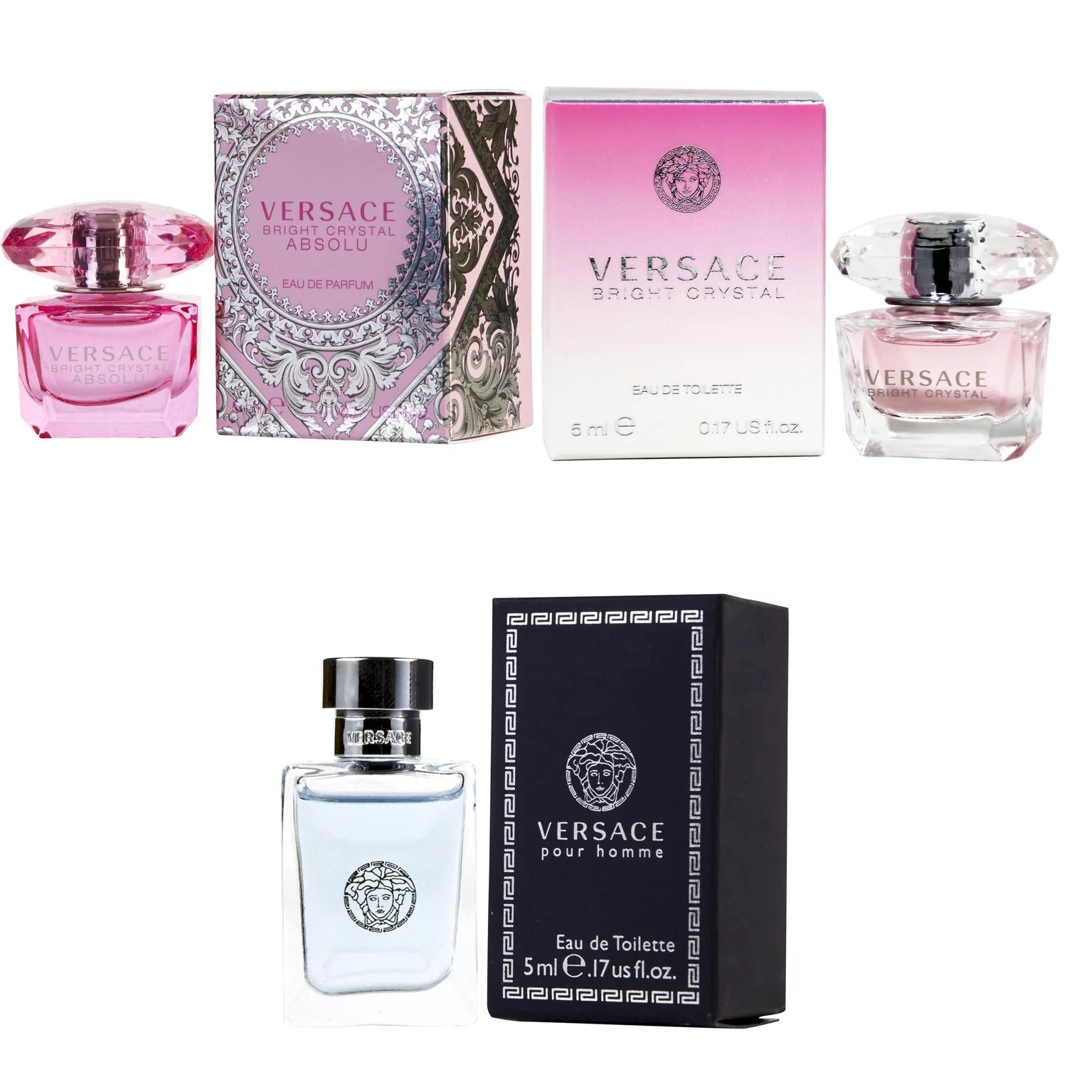 Versace Bright Crystal Absolu EDP, Bright Crystal EDT, Pour Homme EDT - 5ml 3PK Kit