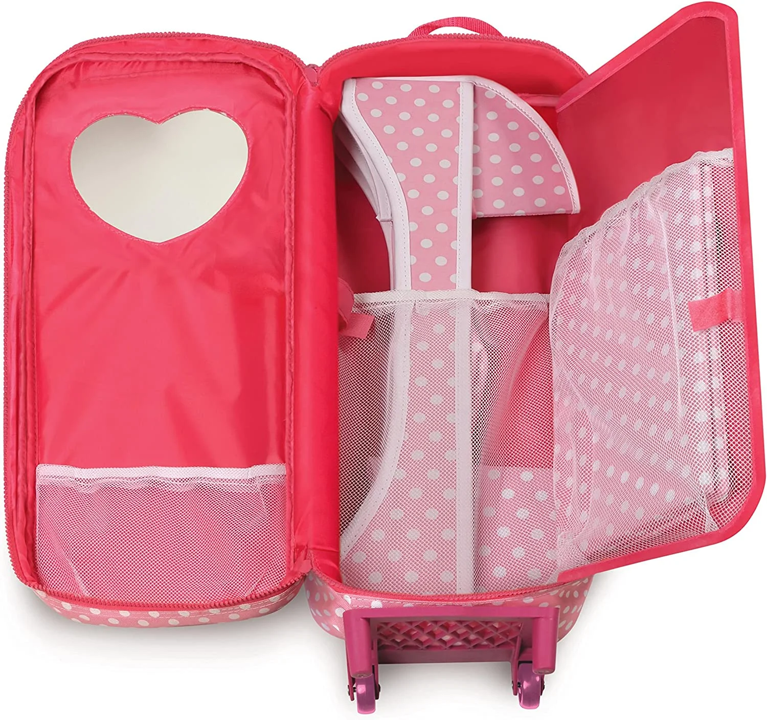 Badger Basket 3-in-1 Trolley Doll Carrier with Rocking Bed and Bedding - Pink/Polka Dot-Material:100% Polyester Fabric