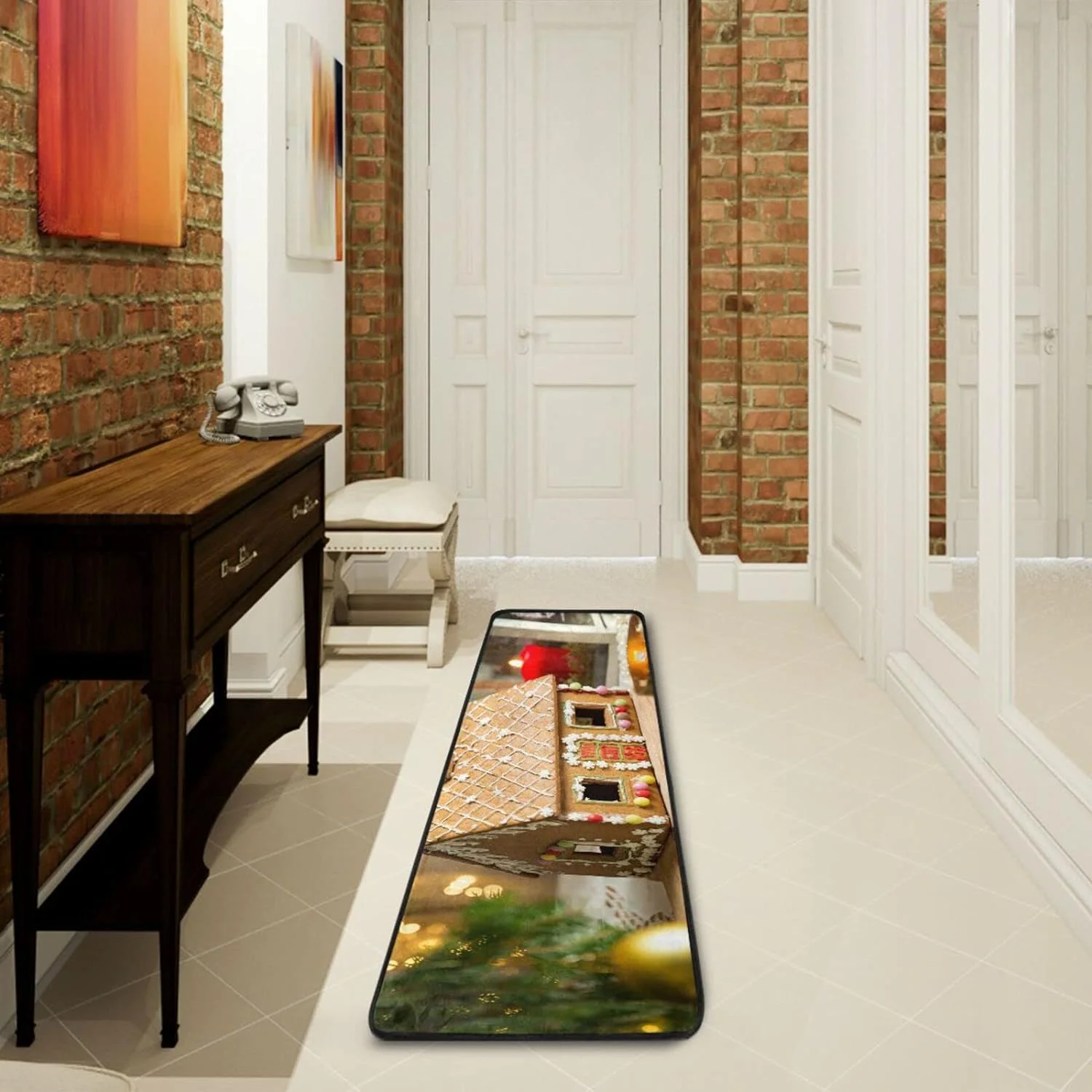 SKYSONIC 2'X6' Gingerbread House Runner Rug with Rubber Backing, Christmas Decor Non Slip Entryway Rug Runner Washable Soft Area Rug Carpet for Hallway Bedroom Kitchen Decor