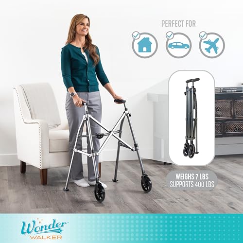 Stander Wonder Walker, Lightweight Foldable Space Saver Rolling Walker for Adults, Seniors, and Elderly, Compact Travel Walker with 6-inch Wheels and Ski Glides for Mobility Support, Matte Black