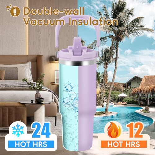 VUSIGN 30 oz Tumbler with Handle and Flip Straw, Stainless Steel Vacuum Insulated Water Bottle Travel Mug Thermal Cup for Home, Office, Car, Outdoors, Sports, Sky Blue