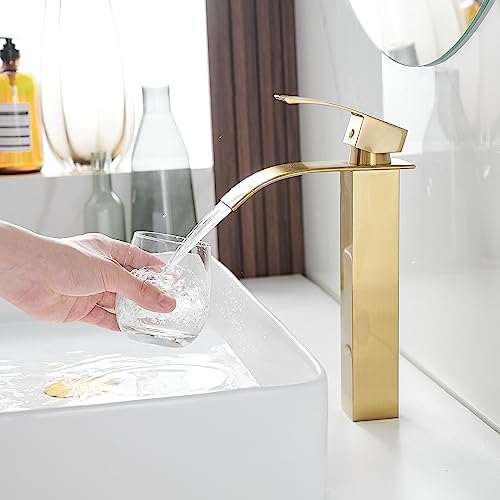 BWE Vessel Sink Faucet Modern Waterfall Chrome Single Hole Bathroom Faucet Single Handle with Pop up Drain Without Overflow Assembly Vanity Basin Bath Sink Faucets Mixer Tap