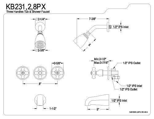 Kingston Brass KB235PX Tub and Shower Faucet with 3-Porcelain Cross Handle, Oil Rubbed Bronze,5-Inch Spout Reach , Oil-Rubbed Bronze