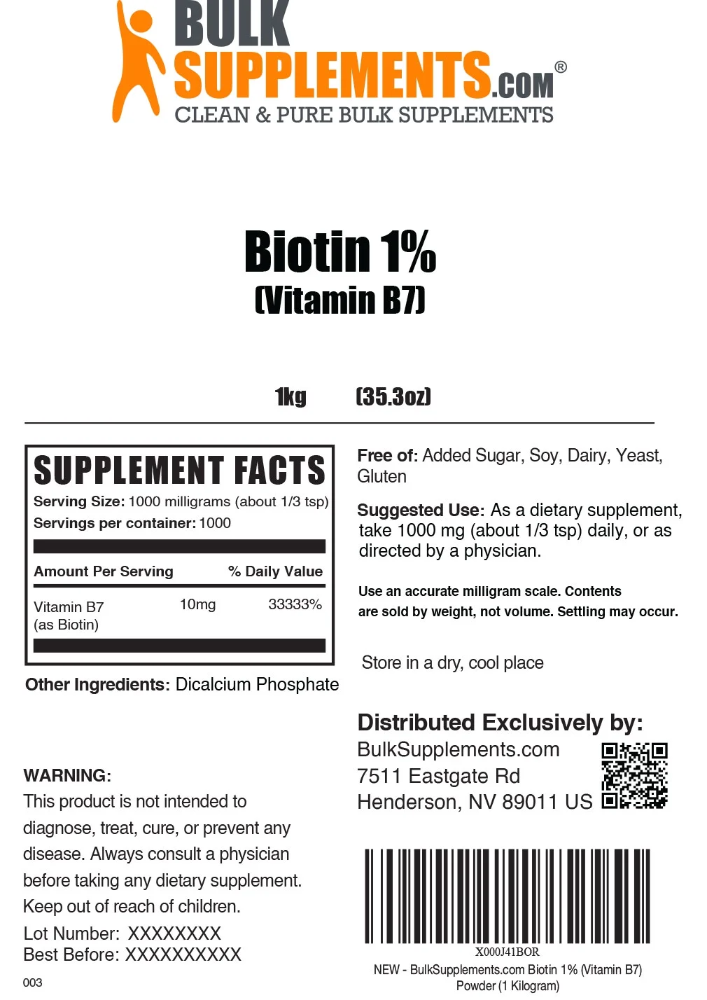 BulkSupplements.com Biotin 1% (Vitamin B7) Powder (1 Kilogram - 2.2 lbs)