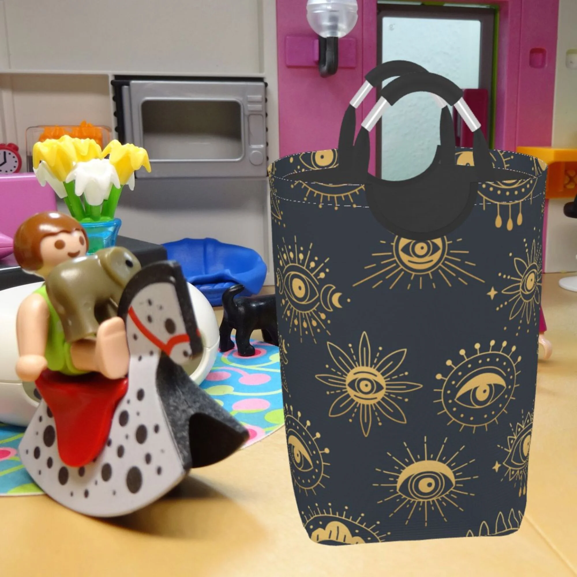 TEQUAN 50L Large Rectangular Laundry Hamper with Aluminum Handles, Golden Witchcraft Eye Doodle Prints Waterproof Foldable Dirty Clothes Basket