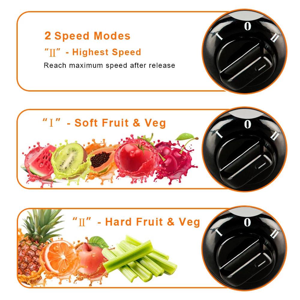 Xhy Electric Juicer with 2 speeds, Easy Clean, 65mm wide mouth, Stainless Steel (BPA Free), Black