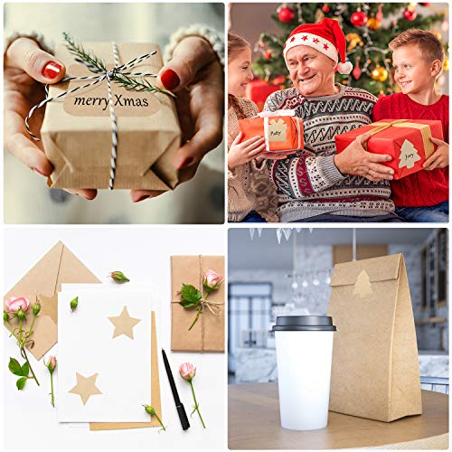 Outus 300 Pcs Christmas Gift Tags Stickers Name Kraft Paper Labels Stickers Brown Christmas Tags for Xmas Gift 4 Shapes Xmas Tree Star Sock and Present Box 2.5 x 2.5 Inches