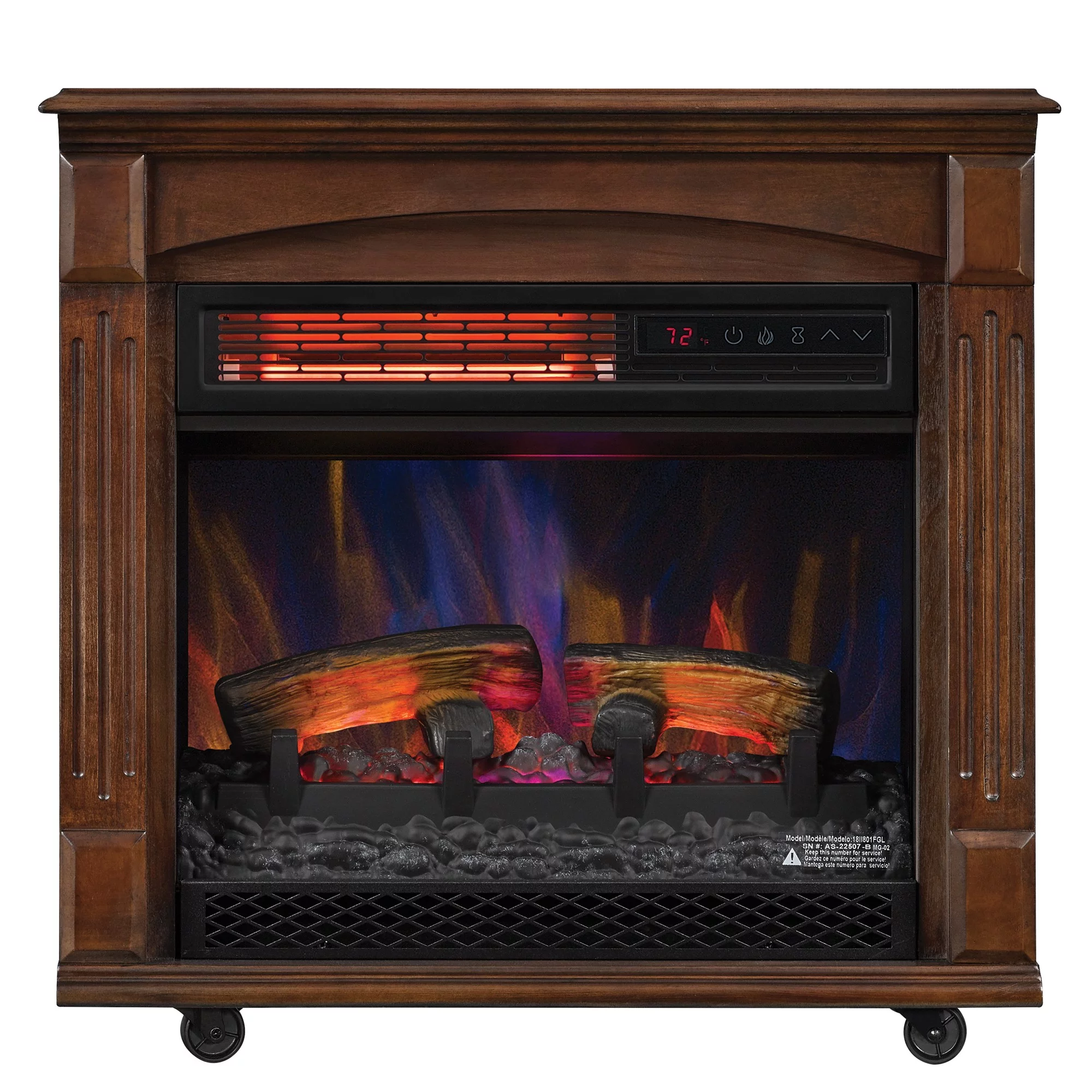 ChimneyFree Rolling Mantel with 3D Infrared Quartz Electric Fireplace, Caramel Birch