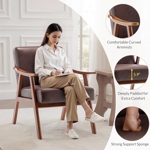 Rovibek Upholstered Accent Chair with Arms - Mid Century Modern Accent Chairs with Wood Frame, Upholstered Arm Chairs with 5.9in Thick Foam, Beige Occasional Chair, Set of 2