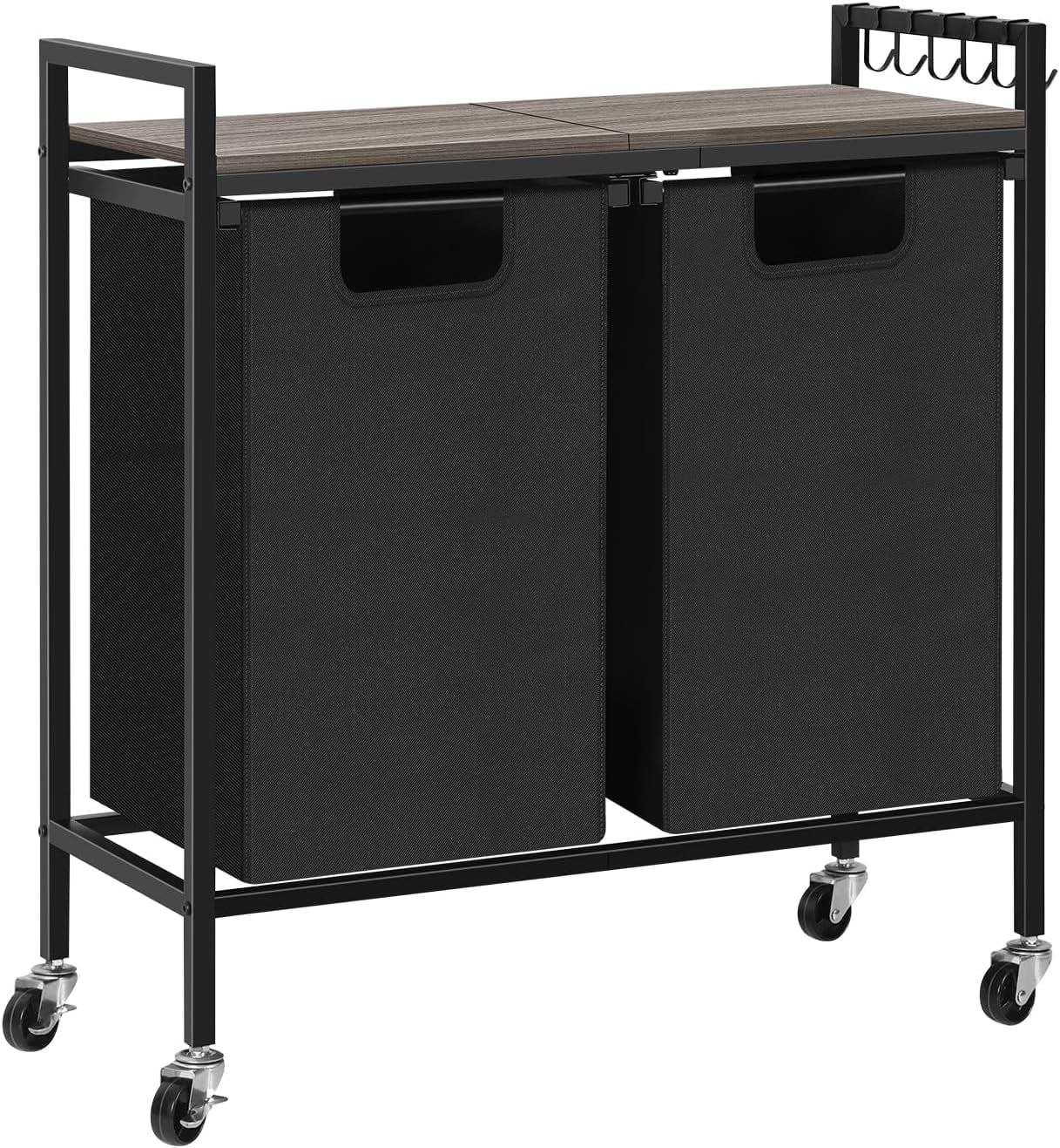 Rolling Black Double Laundry Hamper Basket with Removable Bag and Gray Wood Shelf