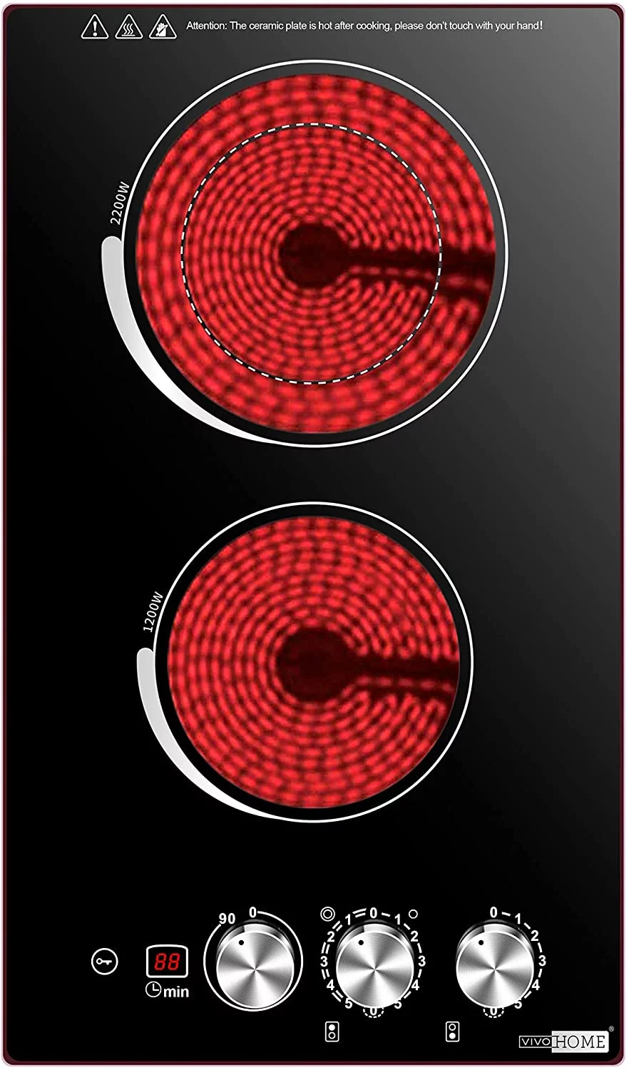 VIVOHOME Electric Cooktop 2 Burner, 220V Built-in Stove Top with 90-Min Timer, 11.5 Inch 3400W