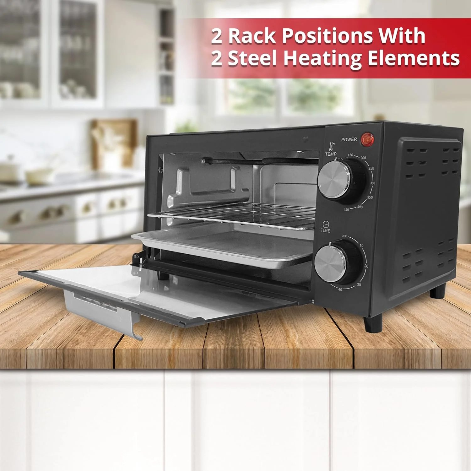 Countertop Toaster Oven With Baking Tray, Bake Toast Cook And Broil, Temperature Control, 60 Minute Timer Knob, Automatic Shutoff, Baking Tray And Crumb Tray Included, Black