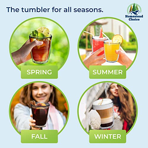 Homestead Choice 16oz Insulated Tumblers Plastic Keeps Drinks Cold & Hot, 4pack Double Walled Clear Insulated Drinking Glasses Cup, BPA-Free, Dishwasher Safe Reusable, Camping,Travel, Kitchen, Party