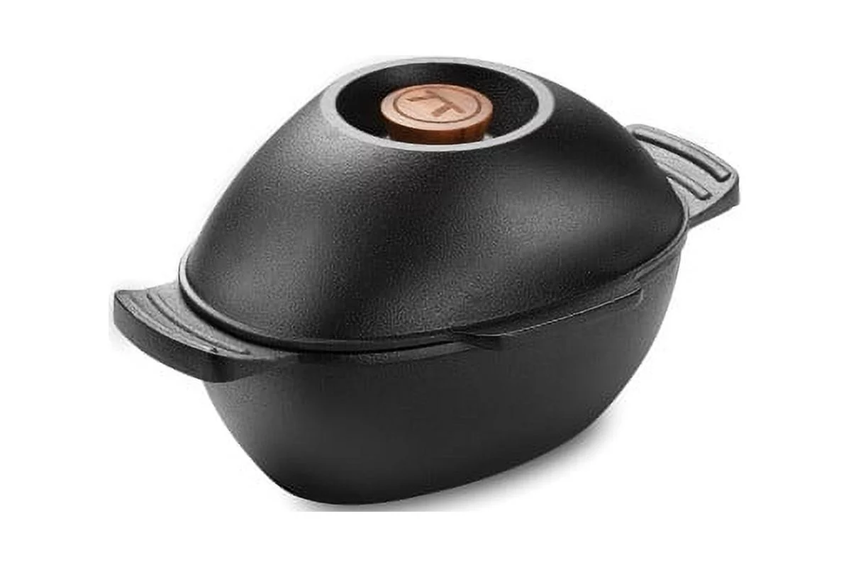 Outset Cast Iron Seafood and Mussel Pot with Lid, 2.5 Quart, Black