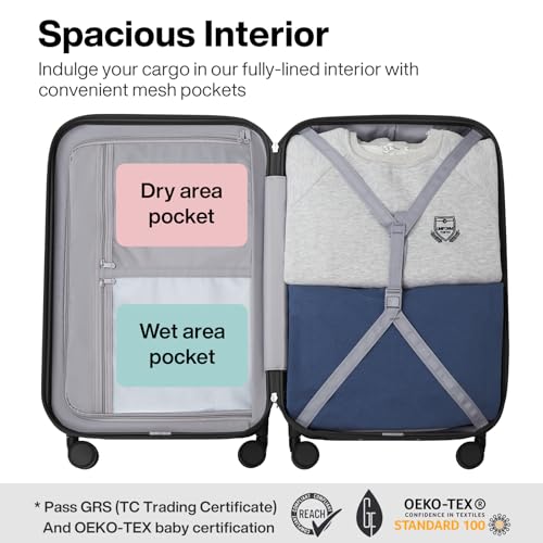 mixi Upgrade Carry on Luggage 14 Inch Underseat Personal Item Suitcases with Spinner Wheels, Hardside Rolling Suitcase PC with TSA Lock Lightweight Travel Case, Fine Grid Black