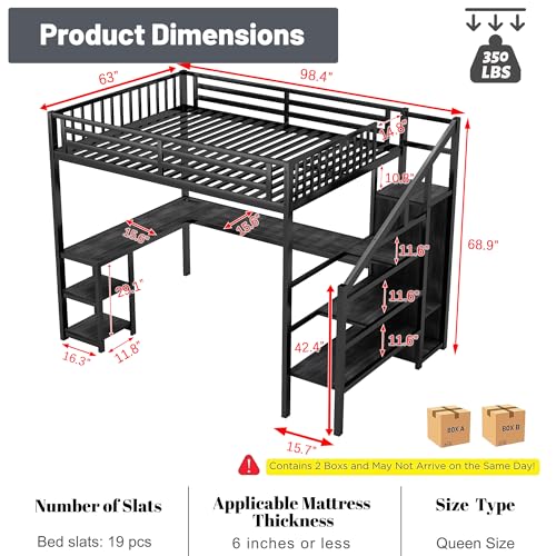 Queen Loft Bed with L-Shaped Desk and Stairs,Metal Queen Size LoftBed with Wardrobe and Adjustable Shelf, Gaming Bed with LED and USB, Heavy Duty Adults Loft Bed,No Noise, Black
