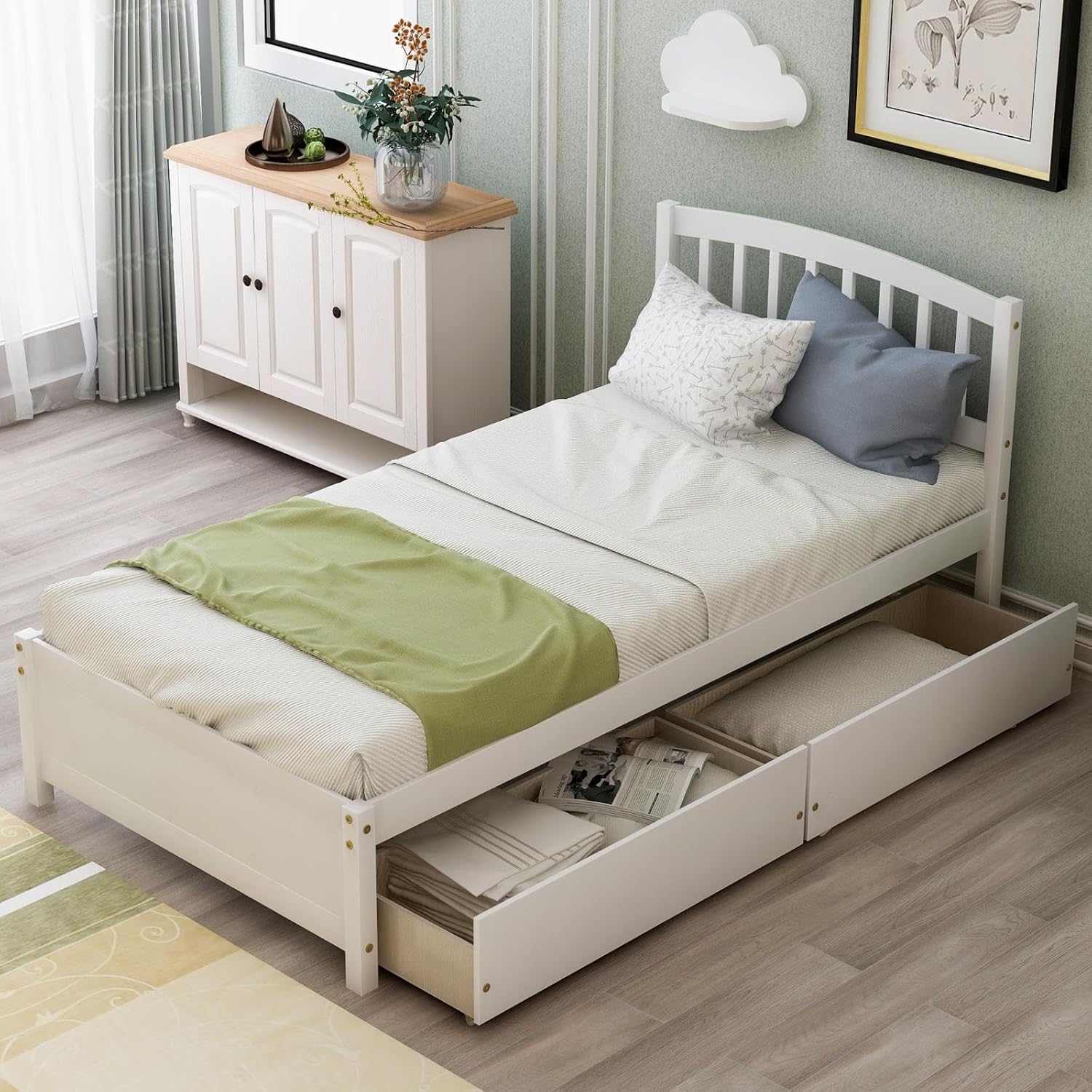 Bed frame with storage drawers, platform double bed frame with two drawers and headboard, large bed frame, no box spring required, white 79.5x41.8x37.4 inches