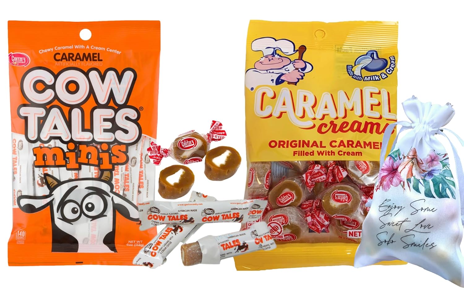 Original Goetze's Caramel Creams (1 bag- 4 oz) Caramel Cow Tales Minis (1 bag 4 oz) Peanut Free Candy Ideal for Candy Bowl Care Packages Halloween Birthday parties Christmas in Soko Smiles Box