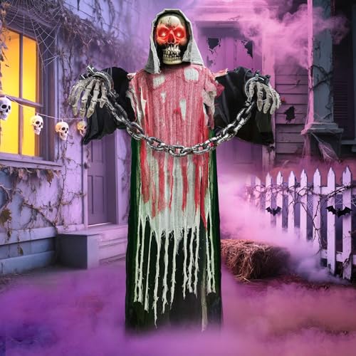 Halloween Decorations Outdoor, 6 Ft Large Animated Grim Reaper with Big Chain,Sound & Touch Activated with Creepy Sound - Scary Props House Decor for Garden Yard Lawn Indoor Decoration Animatronics