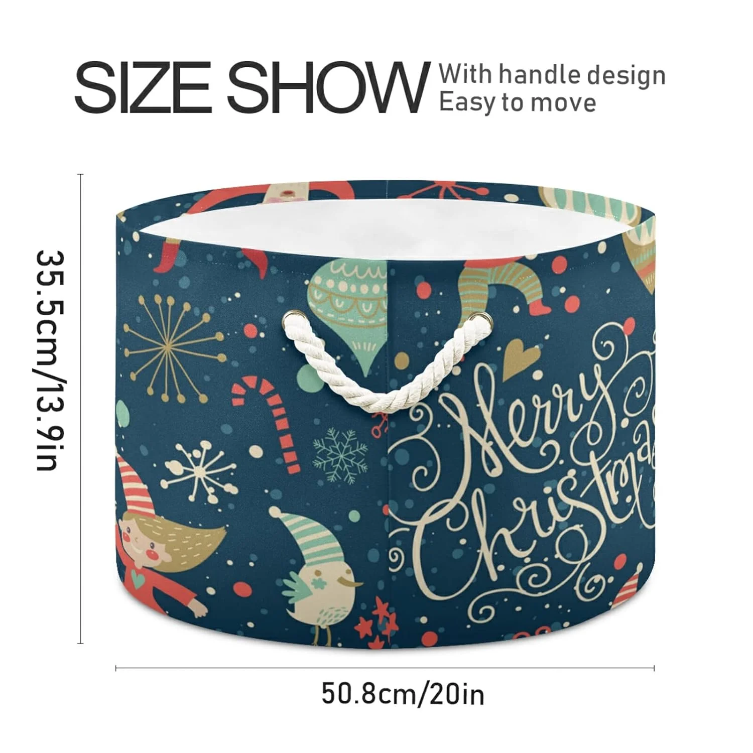 Wellsay Christmas Santa Claus Elves Snowflakes Storage Basket Gift Baskets Large Collapsible Laundry Hamper with Handle, 20x20x14 in