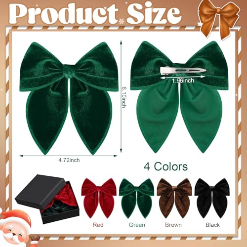 Christmas Hair Bows for Girls, 4 Pcs Velvet Bow Hair Clips Fable Hair Bows Christmas Hair Accessories for Little Girls Toddler Kids