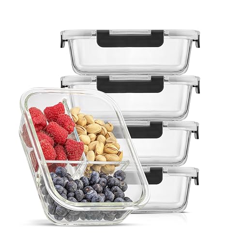 JoyJolt Divided Food Storage Containers with Lids Airtight. 5 Pack Glass Meal Prep Containers 3 Compartment Set Glass Bento Box. Reusable Food Containers, Portion Control Containers for Weight Loss