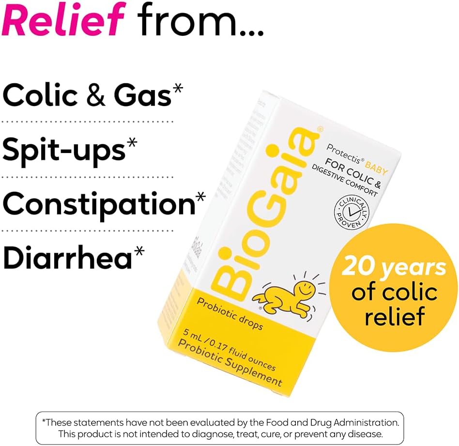 BioGaia Baby Probiotic Drops - Baby Essentials for Colic & Gas Relief, Safe for Newborns, Reduces Crying, Fussing, Colic, Gas, Spit-ups and Constipation, No allergens, dairy, soy, gluten, or sugar