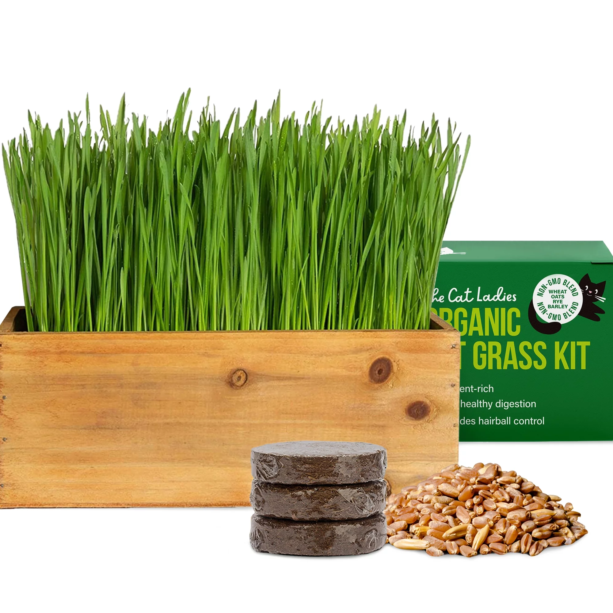 Cat Grass Kit (Organic) Complete with Rustic Wood Planter, Seed and Soil. Easy to Grow