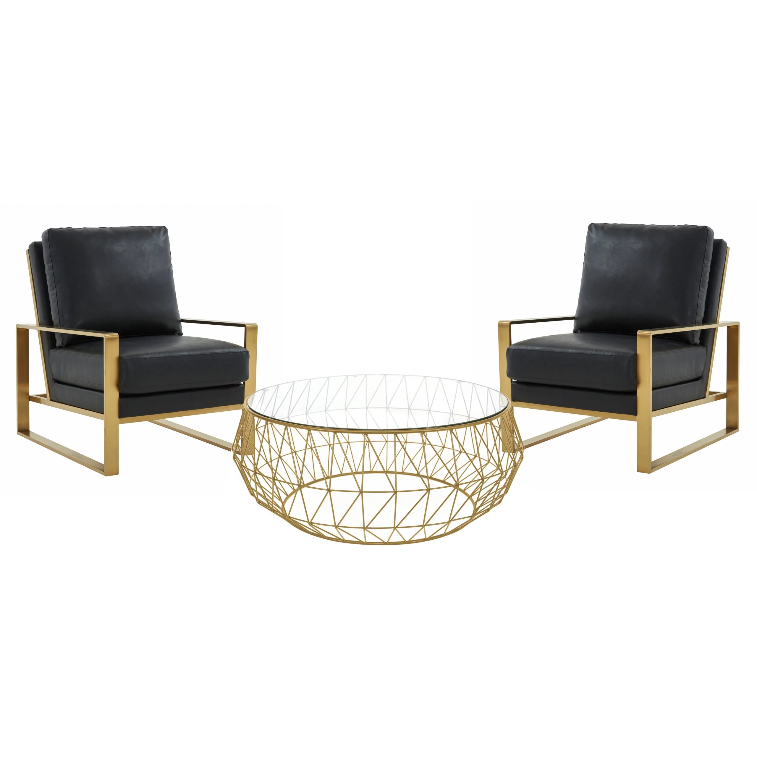 LeisureMod Jefferson Modern 3-Piece Living Room Set with 2 Leather Arm Chair and Round Coffee Table with Brushed Gold Frame (Black)