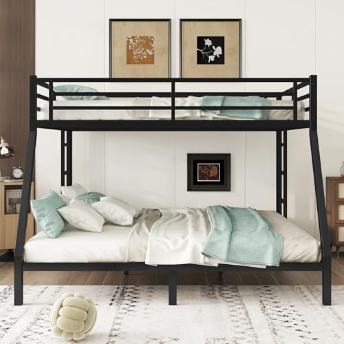 Heavy Duty Bunk Bed Frame with Ladder, Twin XL Over Twin XL Bunk Beds with Safety Guardrails, Adults Bunk Beds with Noise-Reducing Rubber Stoppers, Easy Assemble, Black