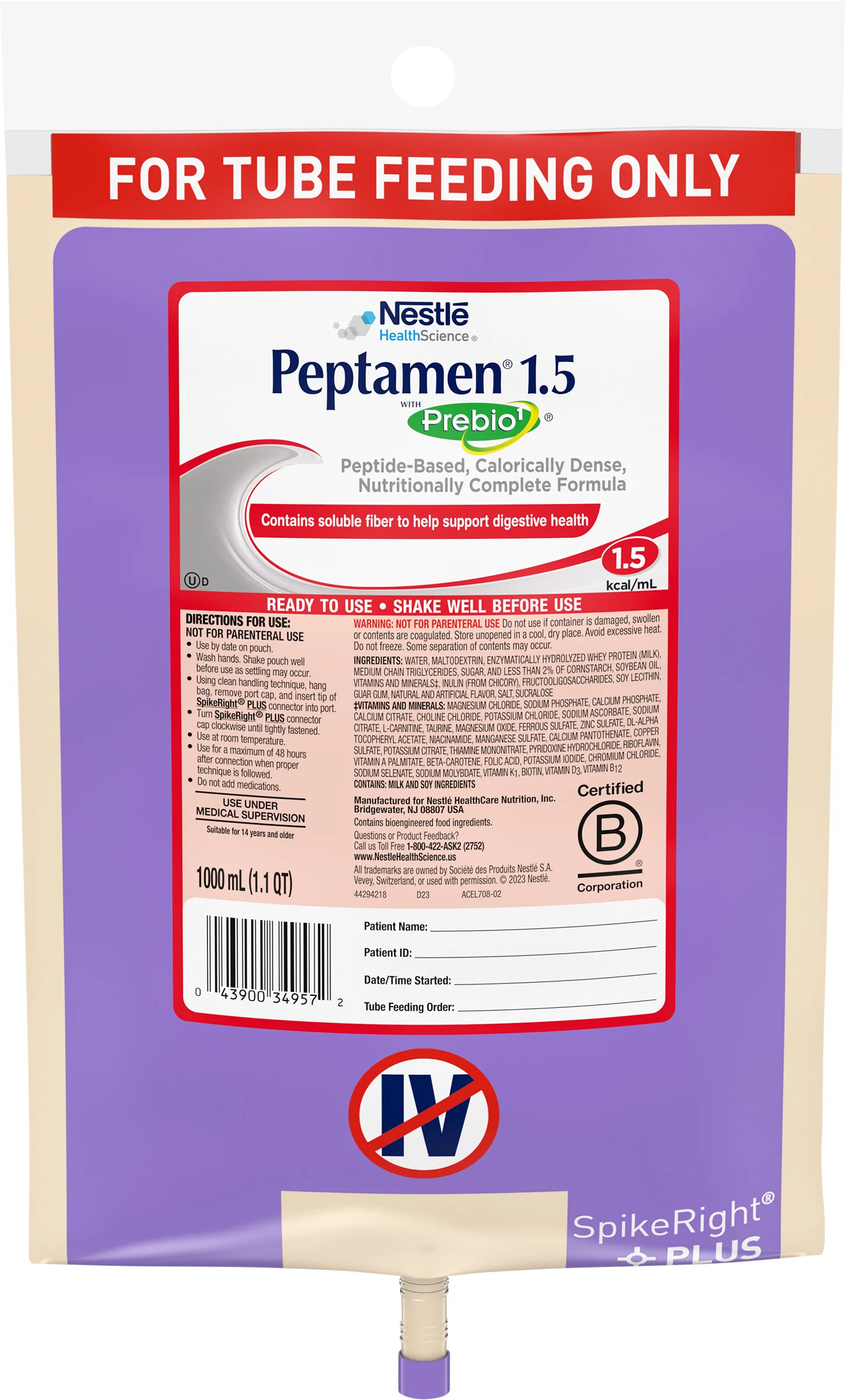 Peptamen® 1.5 with Prebio1™ Tube Feeding Formula, 33.8 oz. Ready to Hang Bag