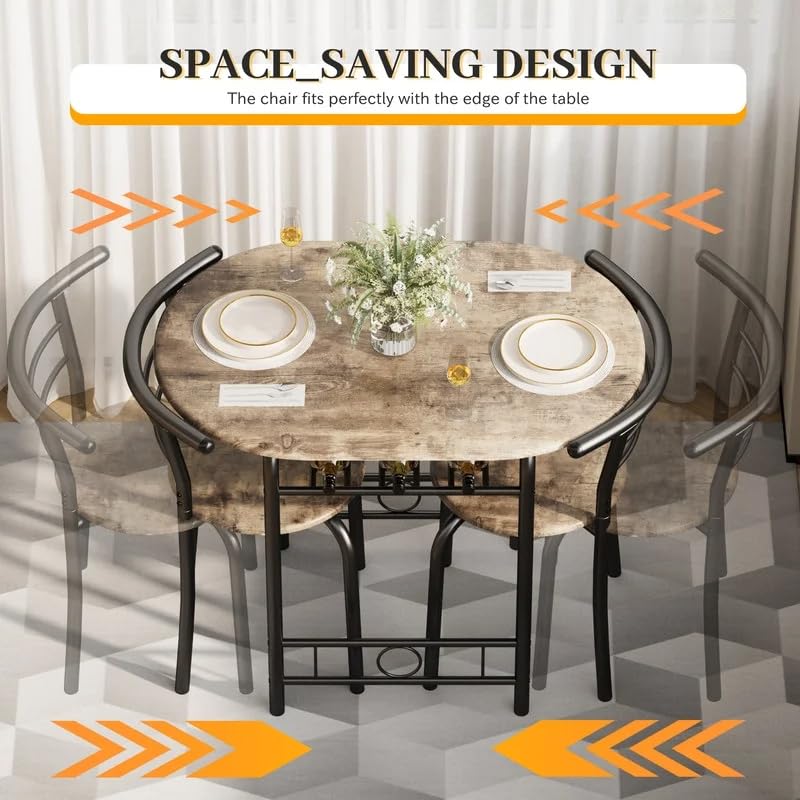 Shahoo 3-Piece Wooden Dining Table Set, Kitchen Breakfast Nook Sets with 2 Chairs & Round Tabletop, Space Saving Furniture Metal Frame and Built-in Wine Rack, Walnut