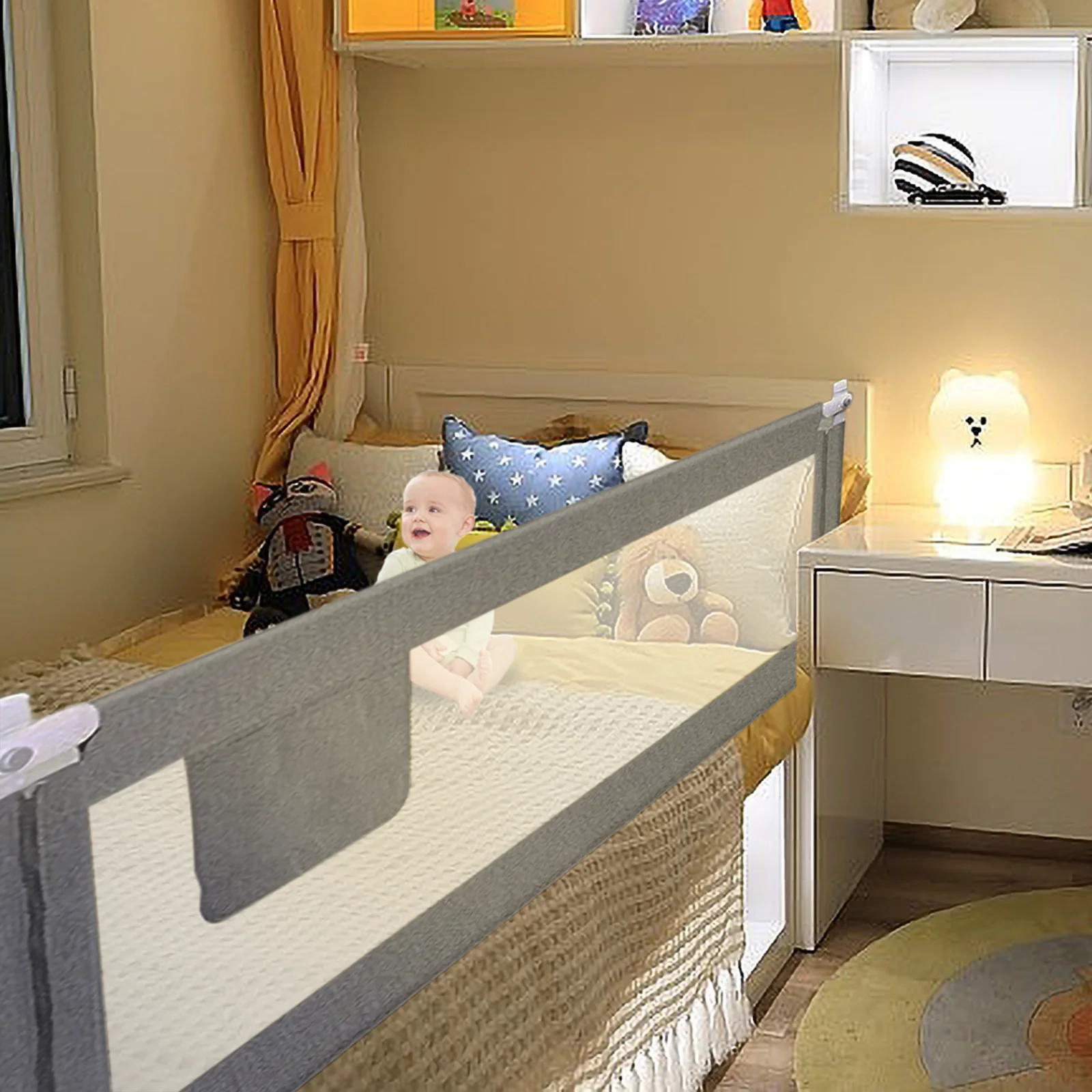 Leemone Bed Rail for Toddlers Versatile Set with Dual Child Locks, Height-Adjustable Breathable Fabric in Light Gray