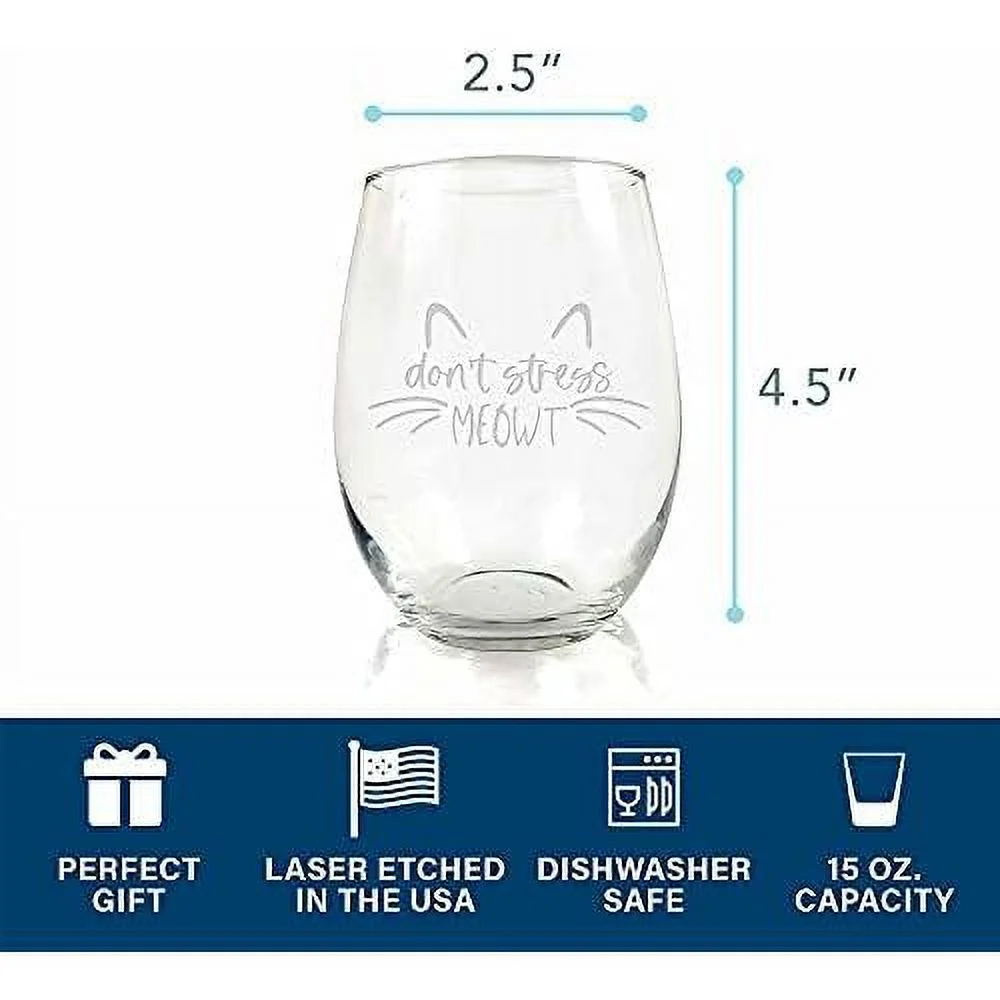 Dont Stress Meowt Cat Lover Stemless Wine Glass - Kitten, Cat Lover, Cat Gift, Pet Gift, Cat Wine Glass
