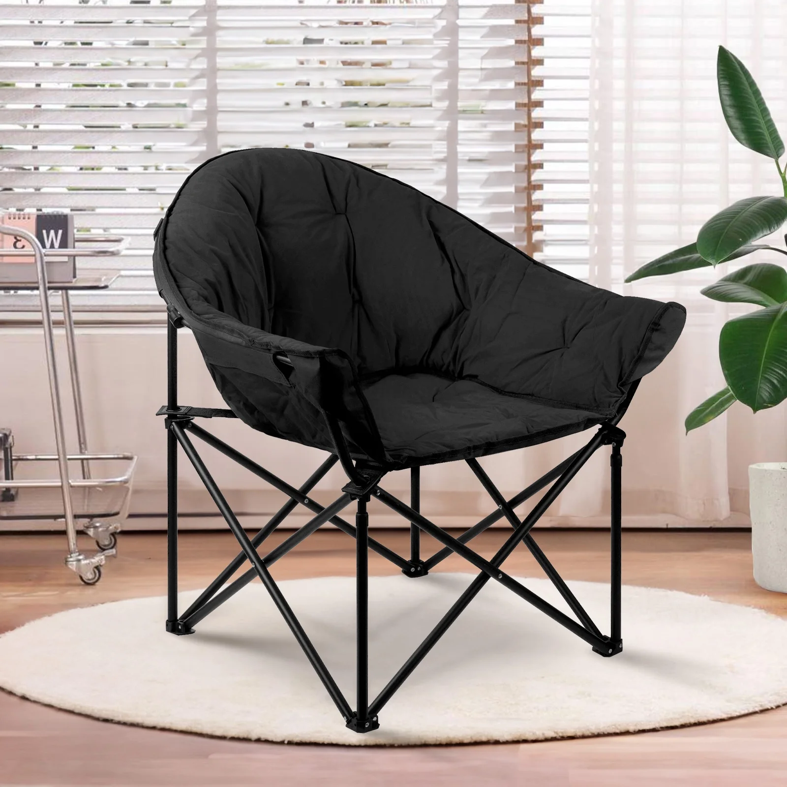 TANGJEAER Folding Saucer Chair, Oversized Lazy Moon Chair with Metal Frame, Comfy Bedroom Chairs for Bedroom, Living Room, Study Black